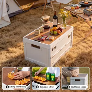 3-in-1 Collapsible Camping Storage Box with Wooden Lid: Heavy-Duty, Stackable Storage and Organizer Bin featuring Side-Opening Doors.An essential piece of camping gear and equipment-a must-have for camping trips, RV living, off-road adventures, picnics,