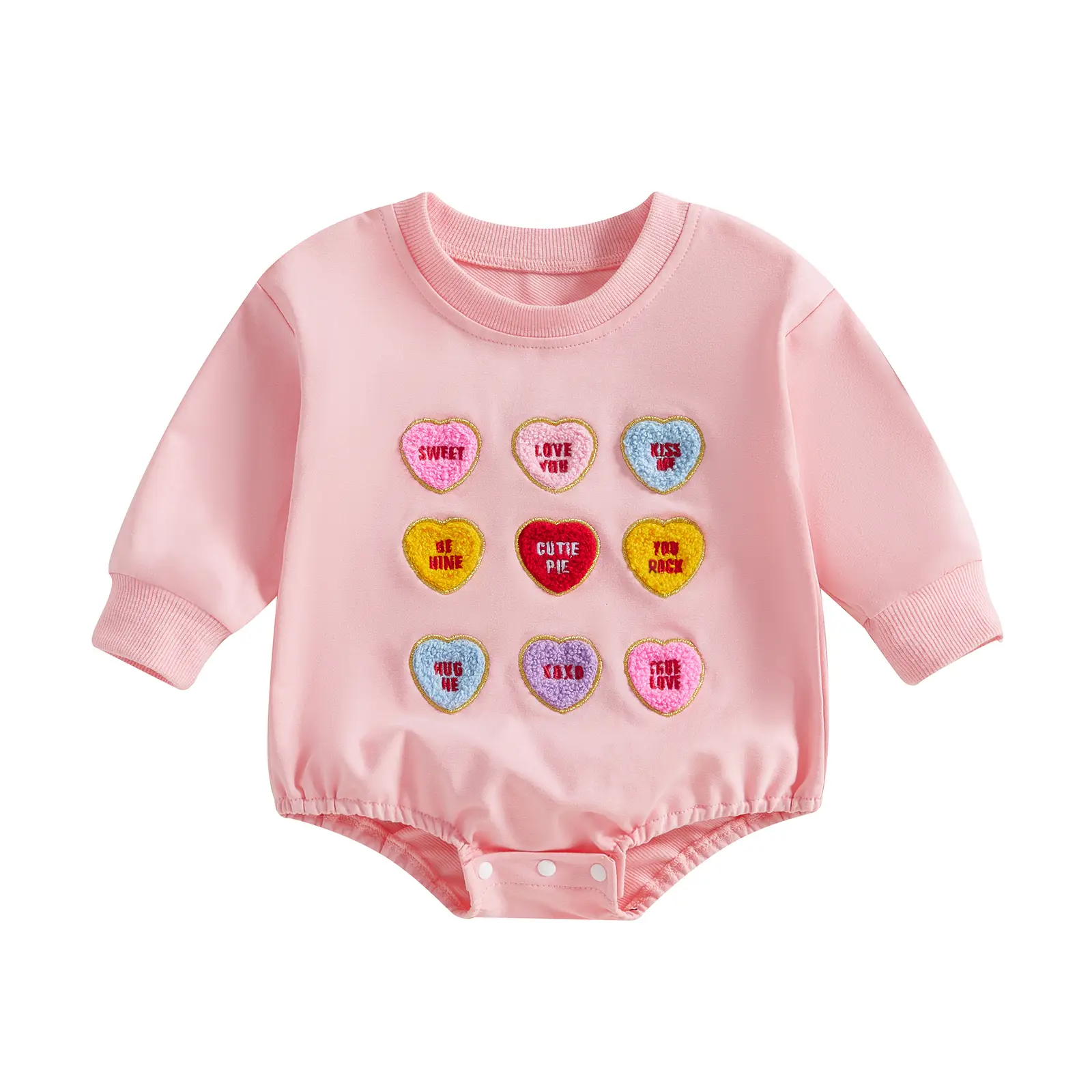 Newborn Baby Girl Sweatshirt Romper Heart Embroidery Long Sleeve Bubble Bodysuit Valentines Day Clothes