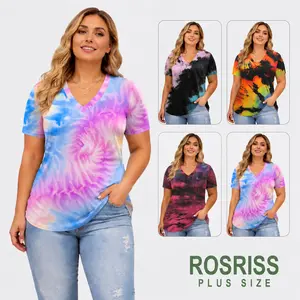 ROSRISS Women's Plus Size Jersey Spandex Tie-Dye V-Neck Summer Short-Sleeve Loose-Fit T-Shirts, XL-5XL DPS1088, Everyday Streetwear