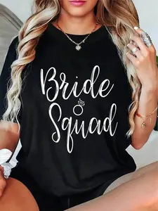 Bride Squad Glory Letter Print T-shirt, Short Sleeve Crew Neck Casual Top for Summer & Spring, Women's Clothing