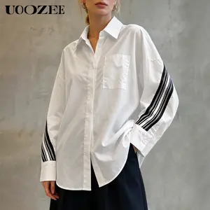 UOOZEE Women's Oversized 100% Cotton Button-Down Shirt, Drop Shoulder Long Sleeve Blouse with Striped Sleeves, Loose Fit All-Season Casual Top, Size Down for Slim Look