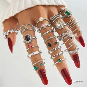 Women's Silver Rings Set - Trendy Vintage Crystal Gemstone Joint Knuckle Rings, Stackable Statement Jewelry, Boho Party Gift (Sports & Outdoor Accessories Complement)