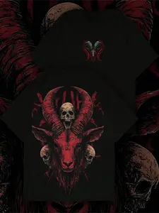 Unisex dark Gothic attire, short-sleeved T-shirt, Balvenet sheep’s head and skull print T-shirt, dark aesthetic design, featuring comfortable, Breathable cotton fabric. Ideal for individuals who enjoy dark, gothic styles for everyday wear
