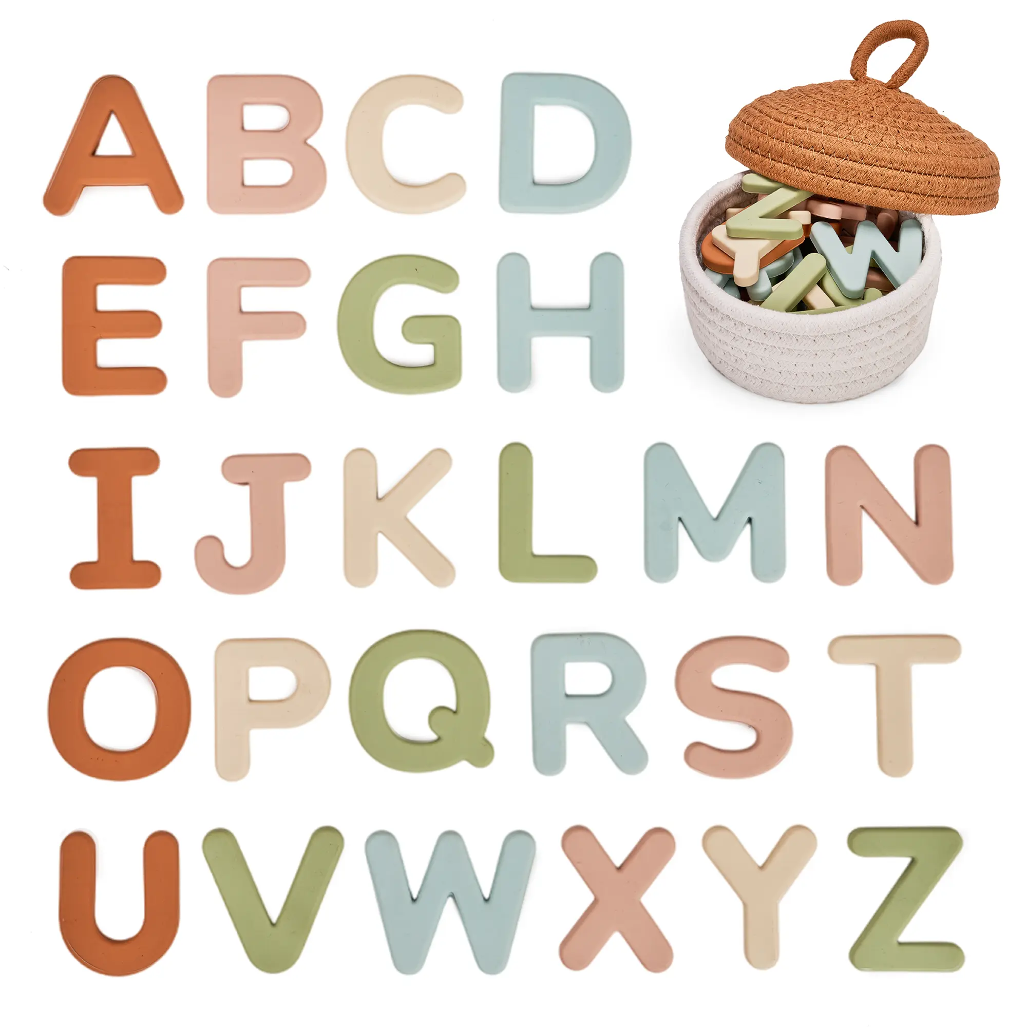 JoyCat Unisex Food-Safe Silicone Alphabet Fridge Magnets - 26 Uppercase ABCs, 2.05x2.05in Muted Tones, Secure Embedded Magnetism, Lightweight Waterproof, 4-in-1 Learning Preschool Math Toy, Reusable Linen Box, Gifts for Kids Age 3+