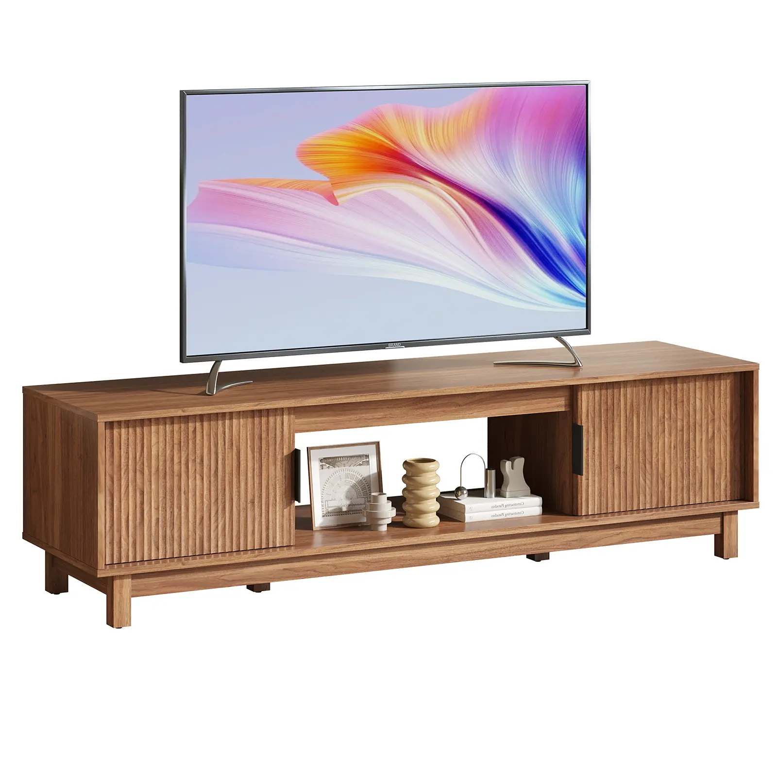 Fluted TV Stand Entertainment Center, Sleek Low-Profile Sideboard with Storage Shelves, Sturdy Engineered Wood Media Cabinet for Home Living Room Decor