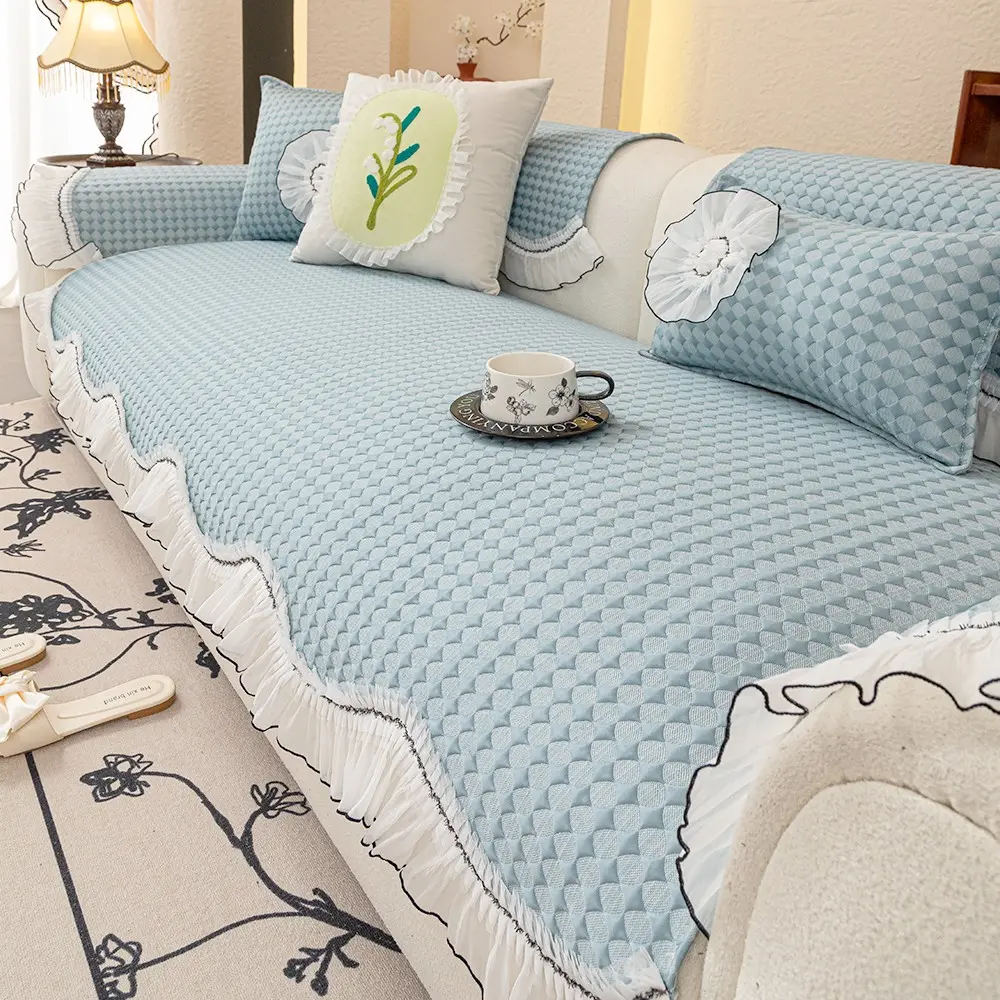 Creamy Lace Edge Cool Sofa Cushion, Non-Slip Breathable Living Room Seat Pad, Fashion Home Decor Protection Mat, Reusable All-Season Sofa Cushion