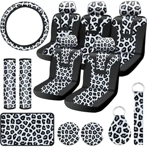17 s Leopard Print Car Accessories Set Leopard Car Seat Covers Full Set Car Cup Holders Steering Wheel Cover Armrest Pad Cover Seat Belt Pads Key Chain and Wrist Strap for Decoration Protection
