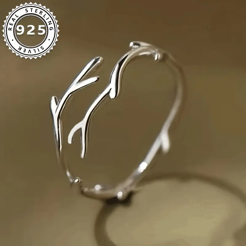 925 Sterling Silver Deer Horn Ring - Adjustable, Simple-Style Personalized Single Ring for Marriage Proposals, Valentine's Day Gifts
