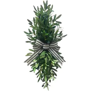 Svndlyn Pre-lit Artificial Olive Branch Swag for Front Door - Teardrop Greenery Wreath with 20 LED Lights & Timer - Farmhouse Wall Decor with Black White Bow, Battery Operated for Indoor Outdoor