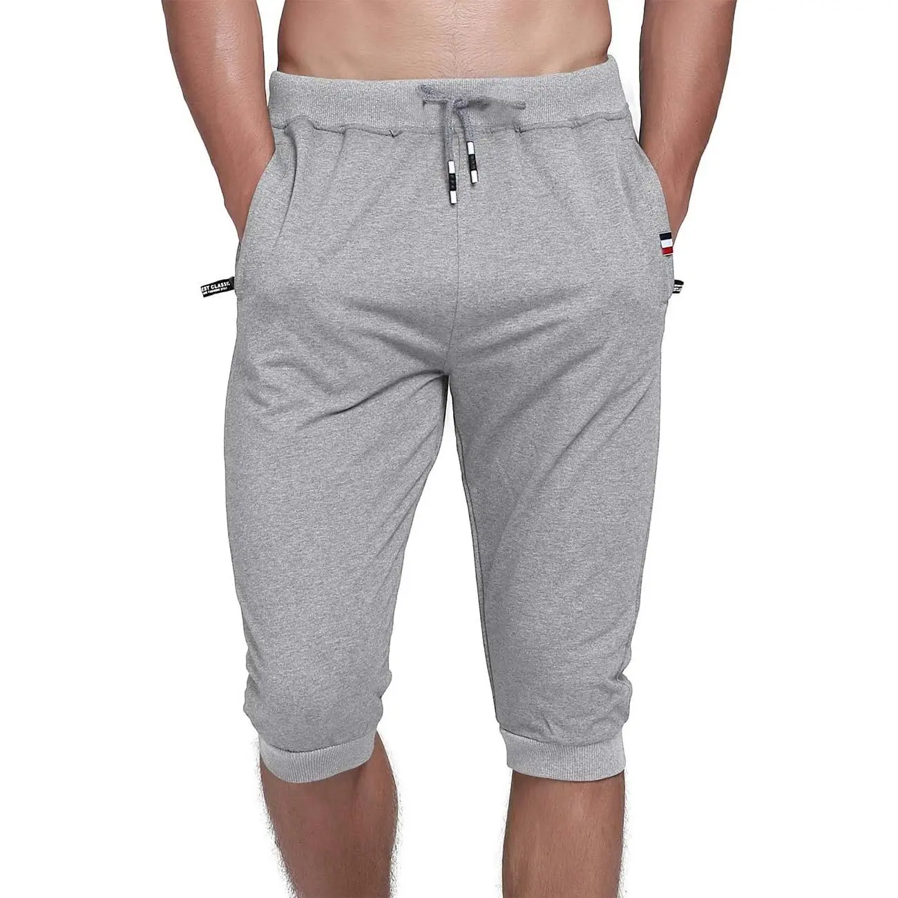 Men's Cotton 3/4 Capri Joggers with Zippered Pockets, Male Athletic Pants for Gym Workout and Soccer Game, Holiday, Below Knee