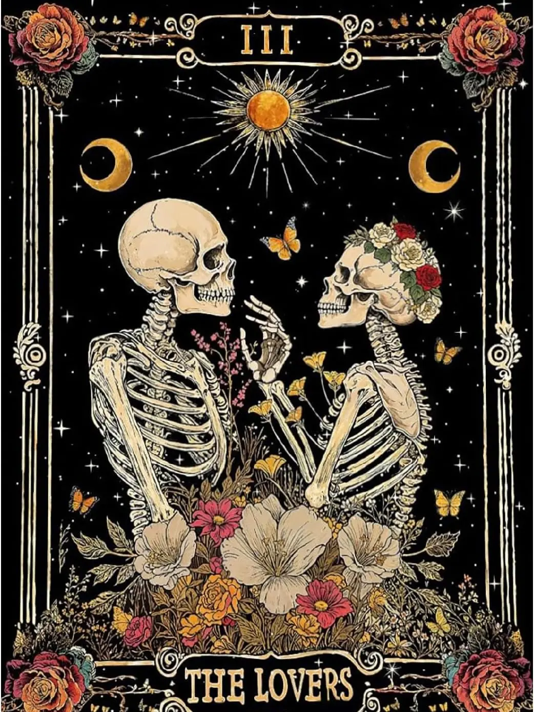 5D Full Drill Diamond Painting Kit, Gothic Skeleton Lovers with Moon & Sun Celestial Tarot Style DIY Home Wall Decor Craft