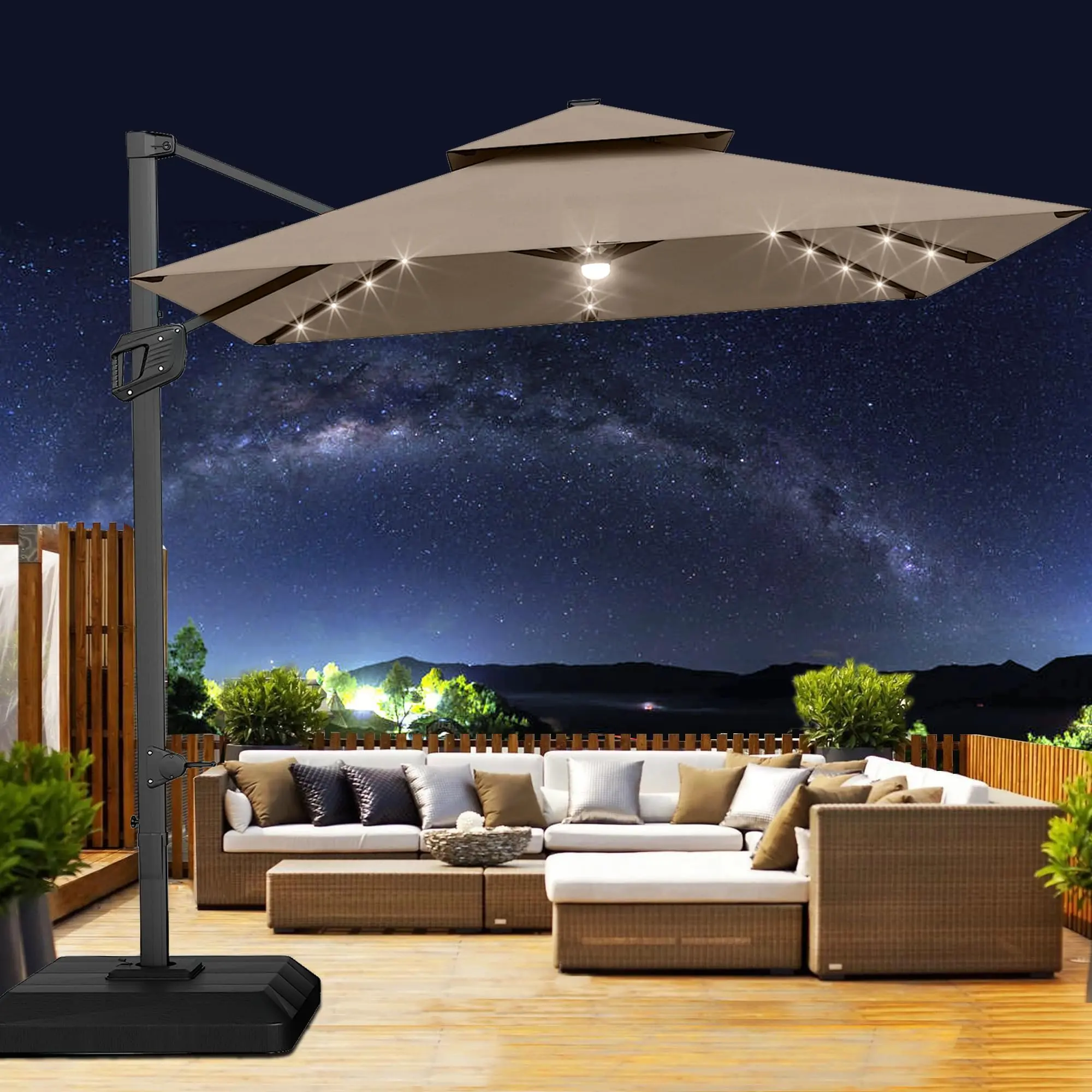 10ft Outdoor Offset Patio Parasol, 8-Rib Adjustable Tilt Canopy, Polyester UV-Protective Sunshade Canopy, Solar Lights, 360° Rotation, Easy Crank Adjustment for Backyard, Poolside