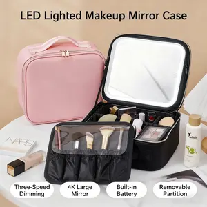 Makeup Bag with Removeable Lighted Mirror Travel Makeup Case 3 Color Lights Dimmable 4K Large Mirror Built-in Battery Detachable Dividers