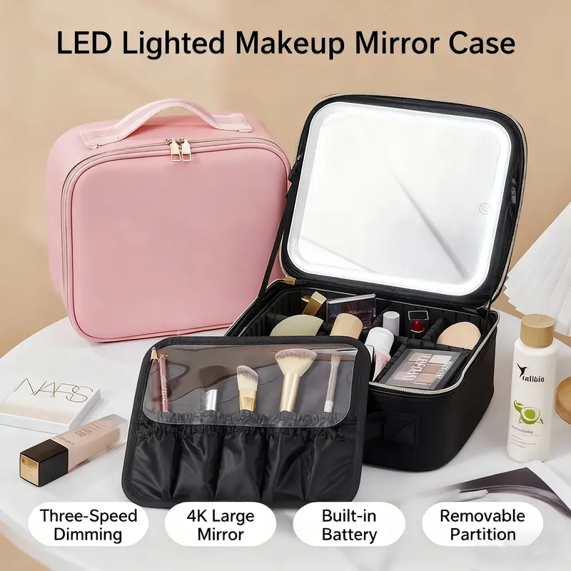 Makeup Bag with Removeable Lighted Mirror Travel Makeup Case 3 Color Lights Dimmable 4K Large Mirror Built-in Battery Detachable Dividers