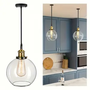 Modern Glass Round Ball Pendant Light, Transparent Kitchen Island and Dining Ceiling Lamp, Adjustable Wire, Easy Installation Hardware Included