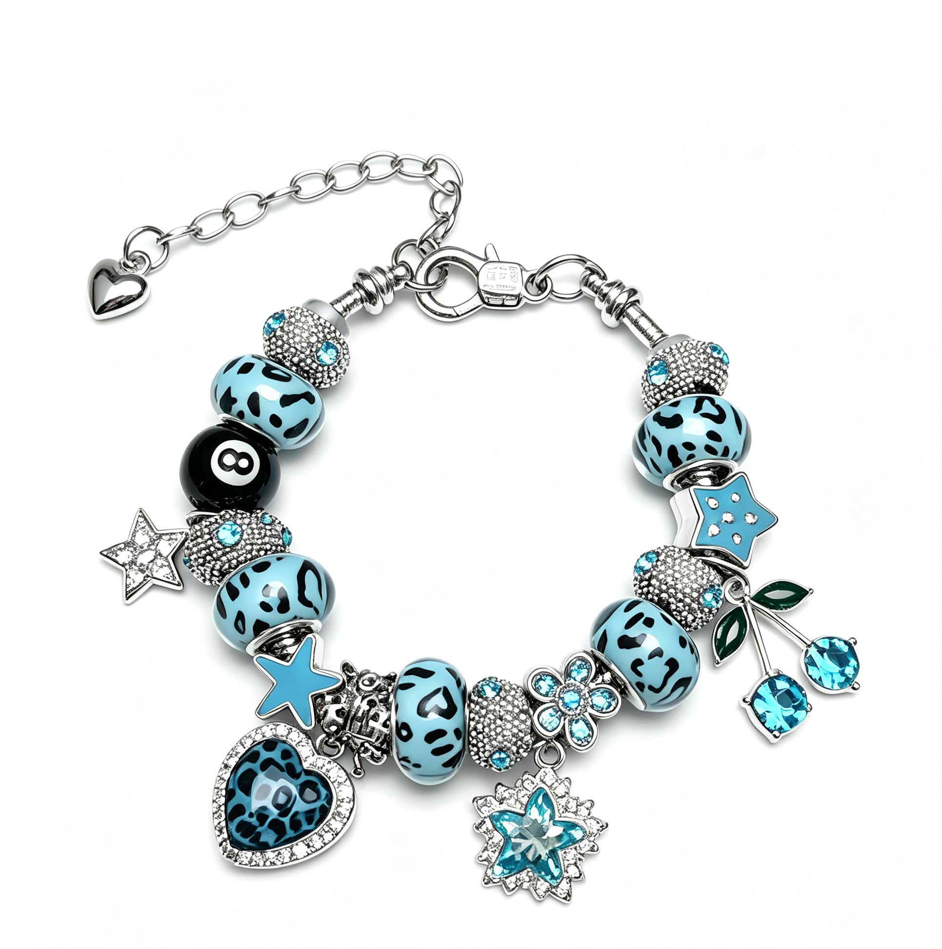 Viral Leopard Charm Bracelet (Pink/Blue) – 8-Ball, Cherry & Heart Pendants | Adjustable Silver Chain Gift for Her