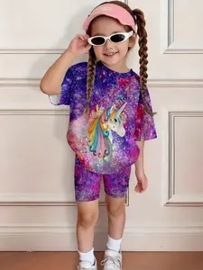 Girls Summer Rainbow Unicorn Galaxy Print Set, Kids Stylish Short Sleeve & Shorts Two-Piece Outfit