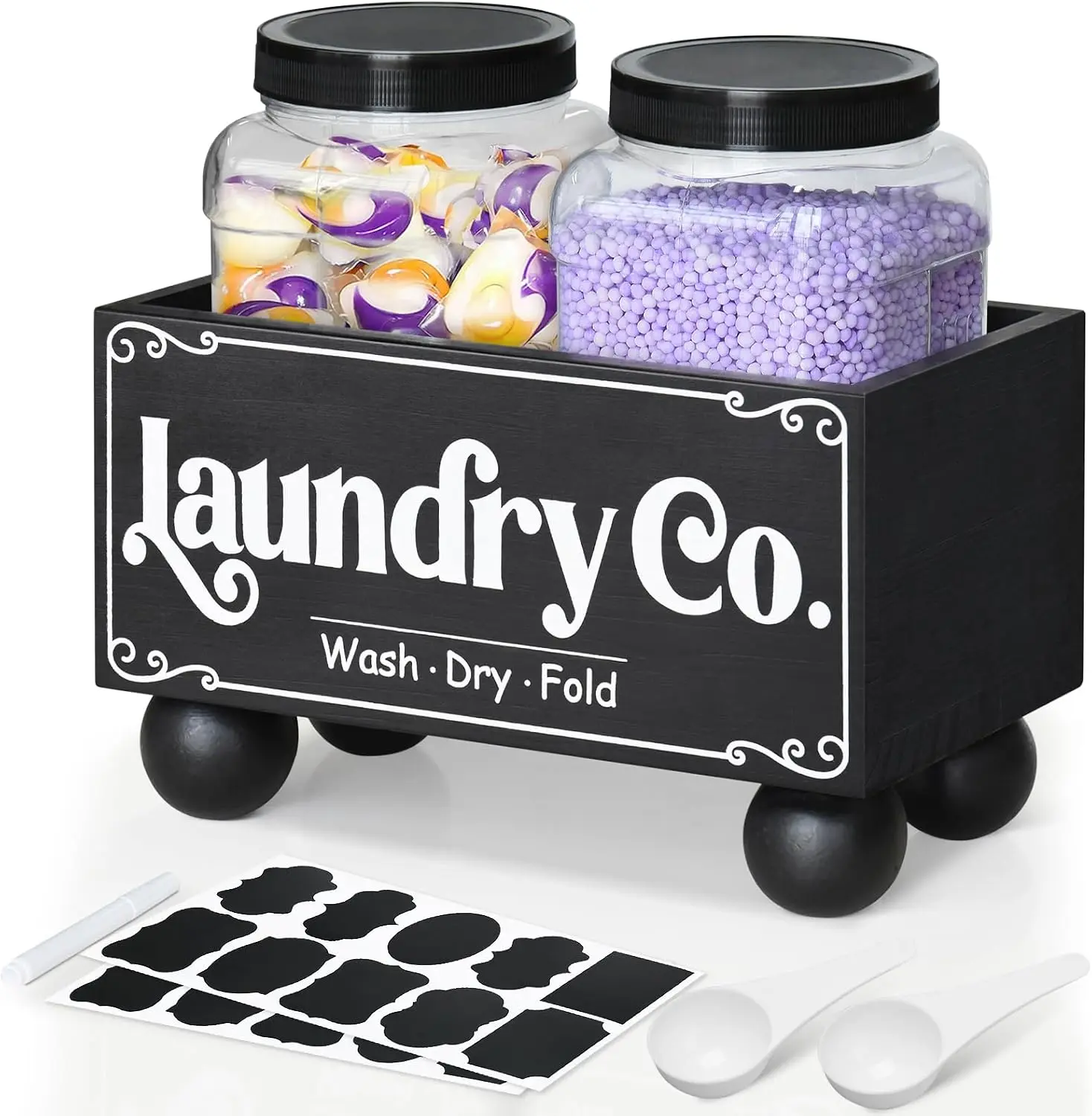Laundry Pods Container, Rustic Laundry Room Organization with 2 Spoons, Wooden Laundry Organizer 2 Pcs 50OZ Laundry Detergent Container for Laundry Detergent Pods, Powder, Scent Booster (Black)