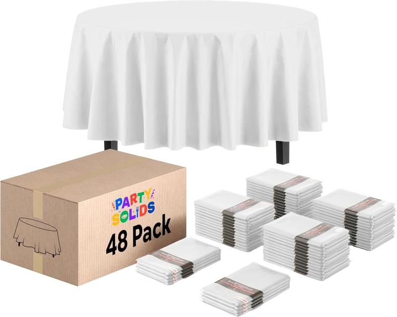 Party Solids White Round Tablecloths 48 Pack 84 Inch Disposable Plastic Tablecloth for Indoor Outdoor Parties Gatherings