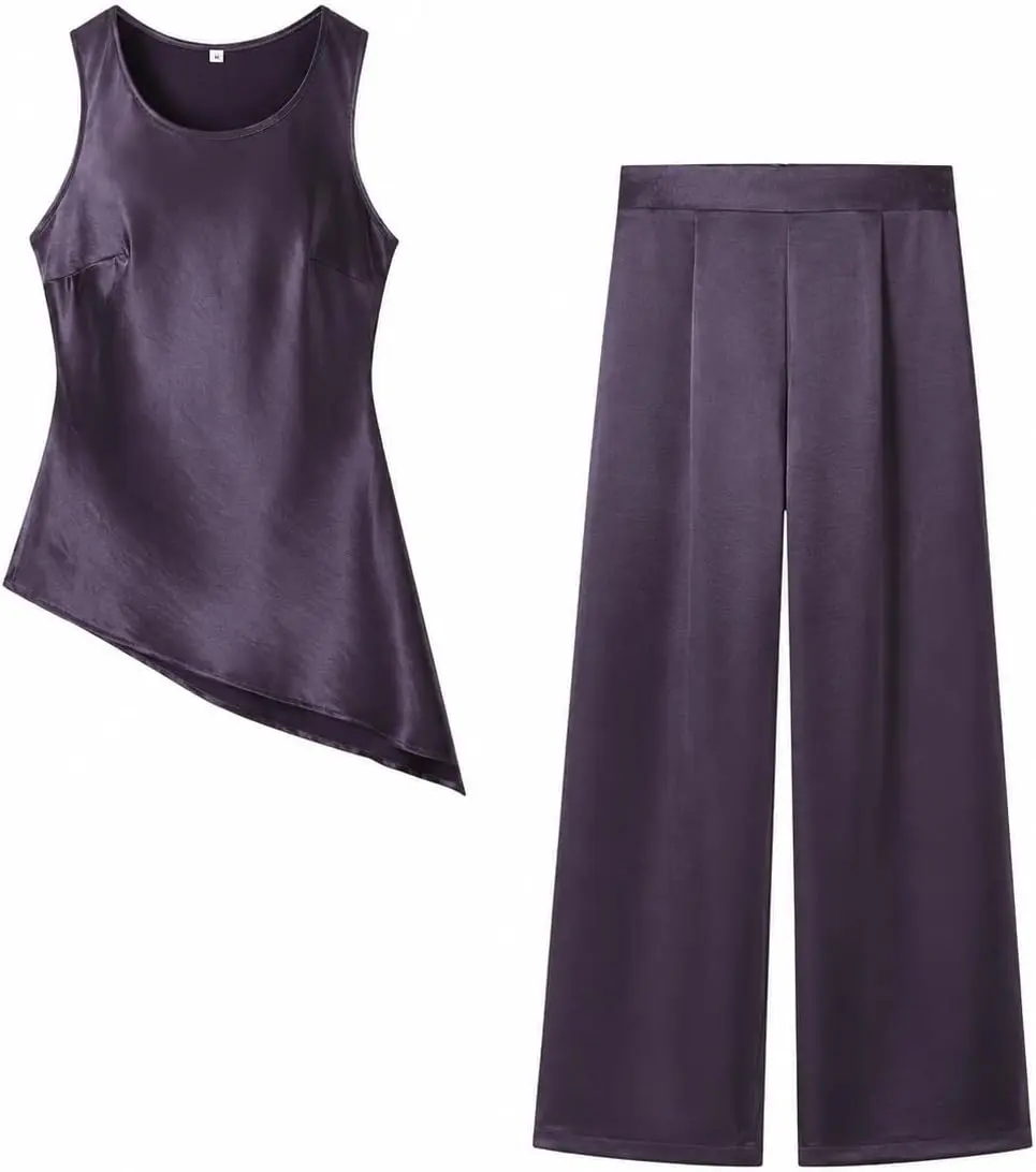DOLGIEJ Collective Women's Satin Two Piece Set – Asymmetrical Sleeveless Top & Wide Leg Pants