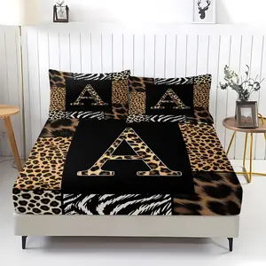 3Pcs Leopard and Letter Print Fitted Sheet Set, Retro Fashion Bedding Set, Soft and Breathable Fabric, Deep Pocket Design, Easy to Clean, Ideal for Trendy Youths' Bedroom Decor