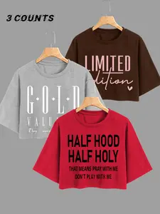 Women's Letter Print Round Neck Crop Tee, Casual Drop Shoulder Short Sleeve T-shirt for Daily Wear, Ladies Clothes for Summer