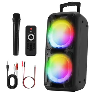 Dual 10" Bluetooth Rechargeable Speaker With LED Circle Party Lights Portable PA Speaker High Power Stereo Sound Box