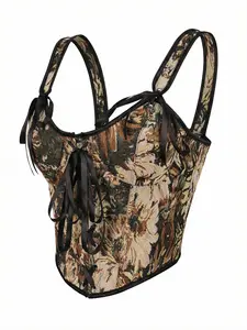 Printed Corset Style Shapewear Tank Top, Fit, Cross Strap Design, Perfect for & Outerwear, Vintage Embroidered Waistcoat, French Retro