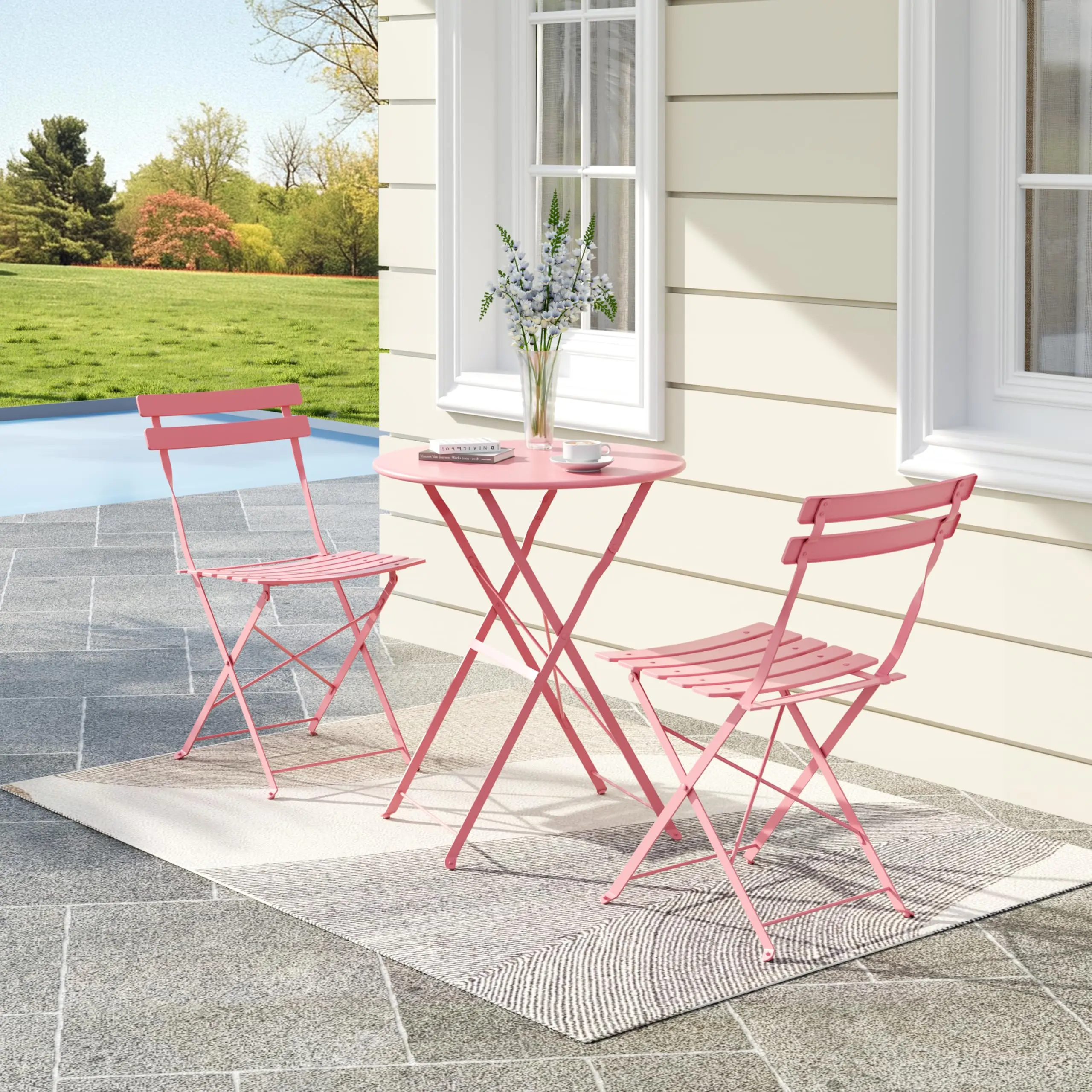 3-Piece Folding Bistro Set - Collapsible Patio Table & 2 Chairs - Superior Metal Frame, Weather Resistant, Compact for Garden, Balcony, Outdoor Spaces