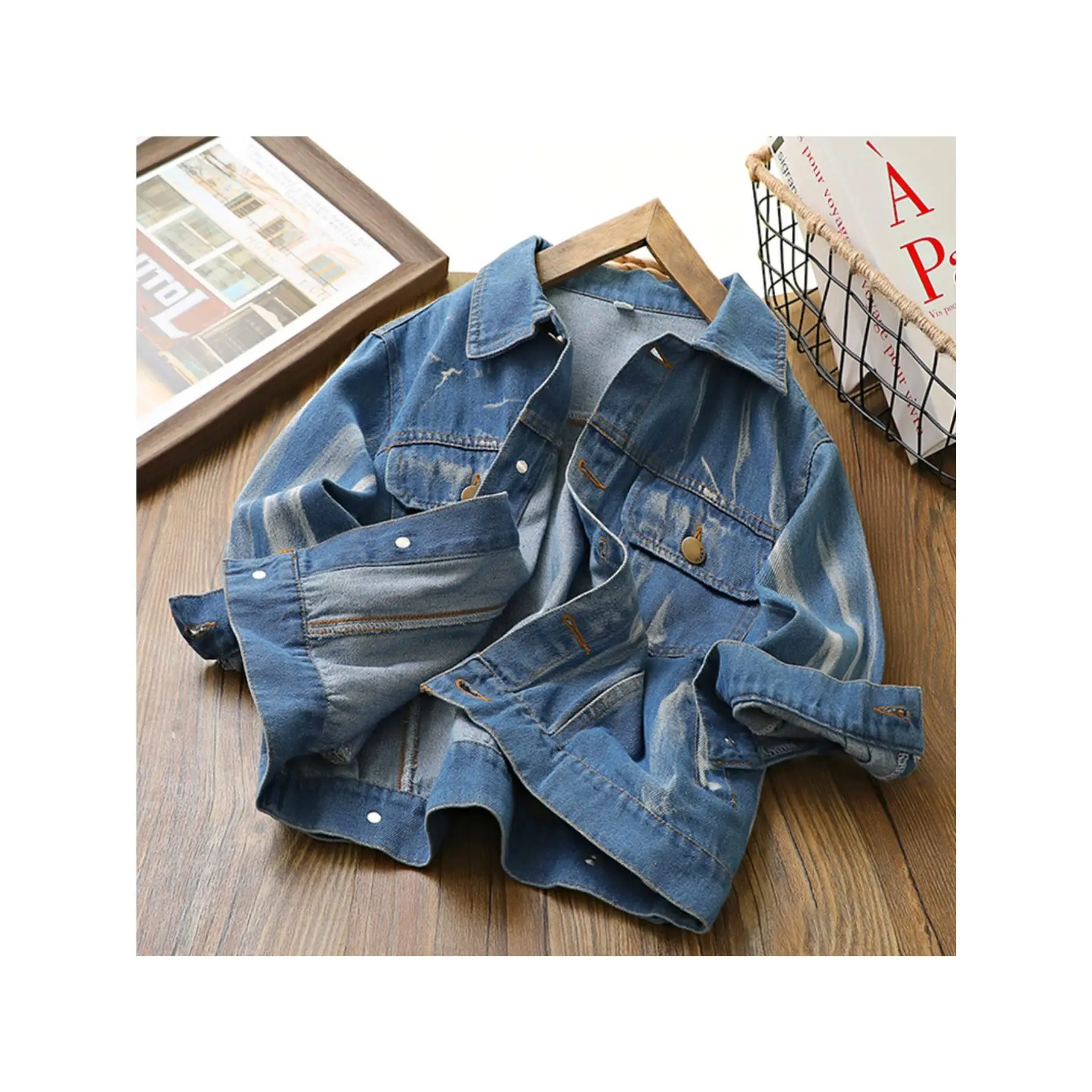 Unisex Kids' Solid Denim Jacket - Regular Fit Polyester Coat with Long Sleeves, Buttons for Spring Outings