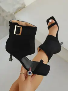 Caramel Color Velvet High Heel Sandals for Women, Square Toe Thin Heel Roman Sandals, Open-Toe Buckle Strap Shoes, All Seasons Fashion