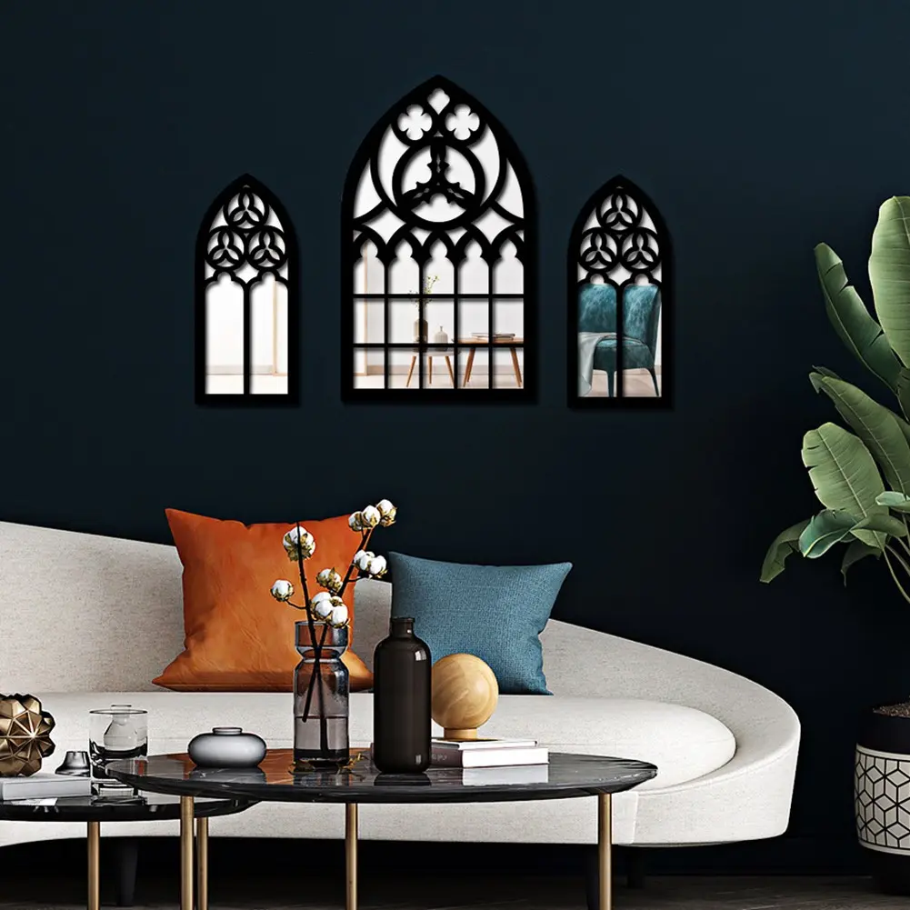 3-piece Gothic style arch wall mirror with wooden frame acrylic decorative window, perfect for entrance wall decoration, living room decoration, retro wall decoration, bathroom decoration, ideal choice for home decoration and wall decoration