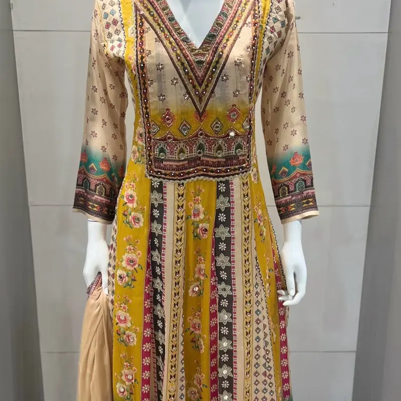 Premium Chinnon Fabric 3-Piece Anarkali Outfit, Yellow & Beige Digital Print A-Line Kurti Set