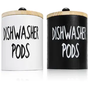 Tlence 2 Pack Laundry Pods Containers, Wood Dishwasher Pod Container with Lid, Farmhouse Round Detergent Holder, Tin Storage Dispenser for Home Kitchen Organization, Holds 25 Pods