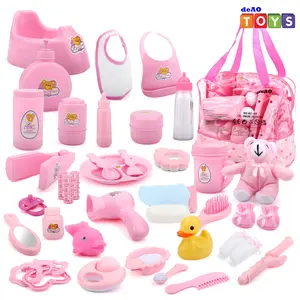deAO Doll Accessories Bag with Feeding Accessories 40 Pieces, Clothes, Doll Bear, Bath Toys, Soother Dummy and Much More - Great Nurturing Pretend Toy Play Set