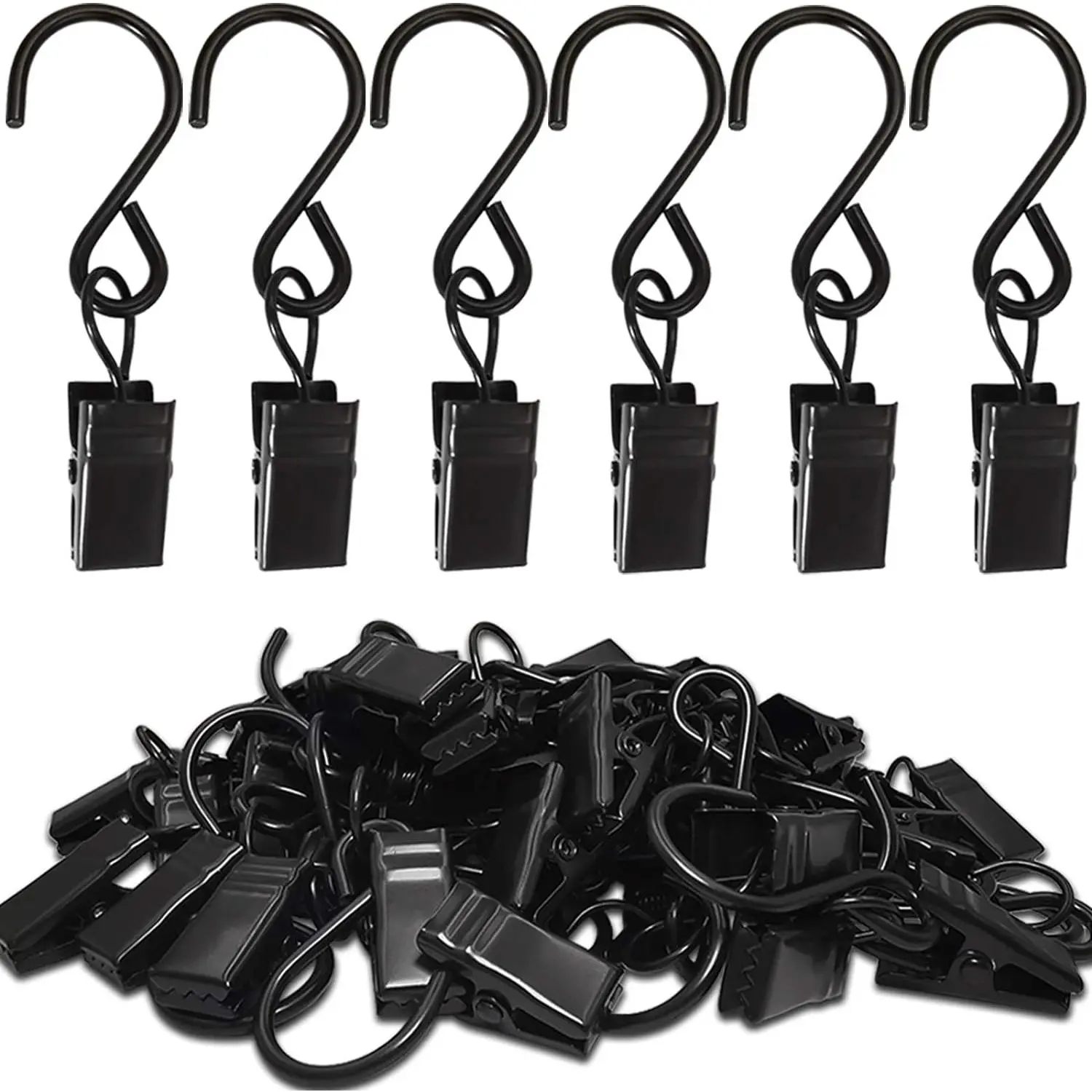 Stainless Steel S Hooks Curtain Clips, 50 Pack  Party Lights Clips Hangers Gutter Photo, Art Craft Display, 2.4 Inch Long, Black
