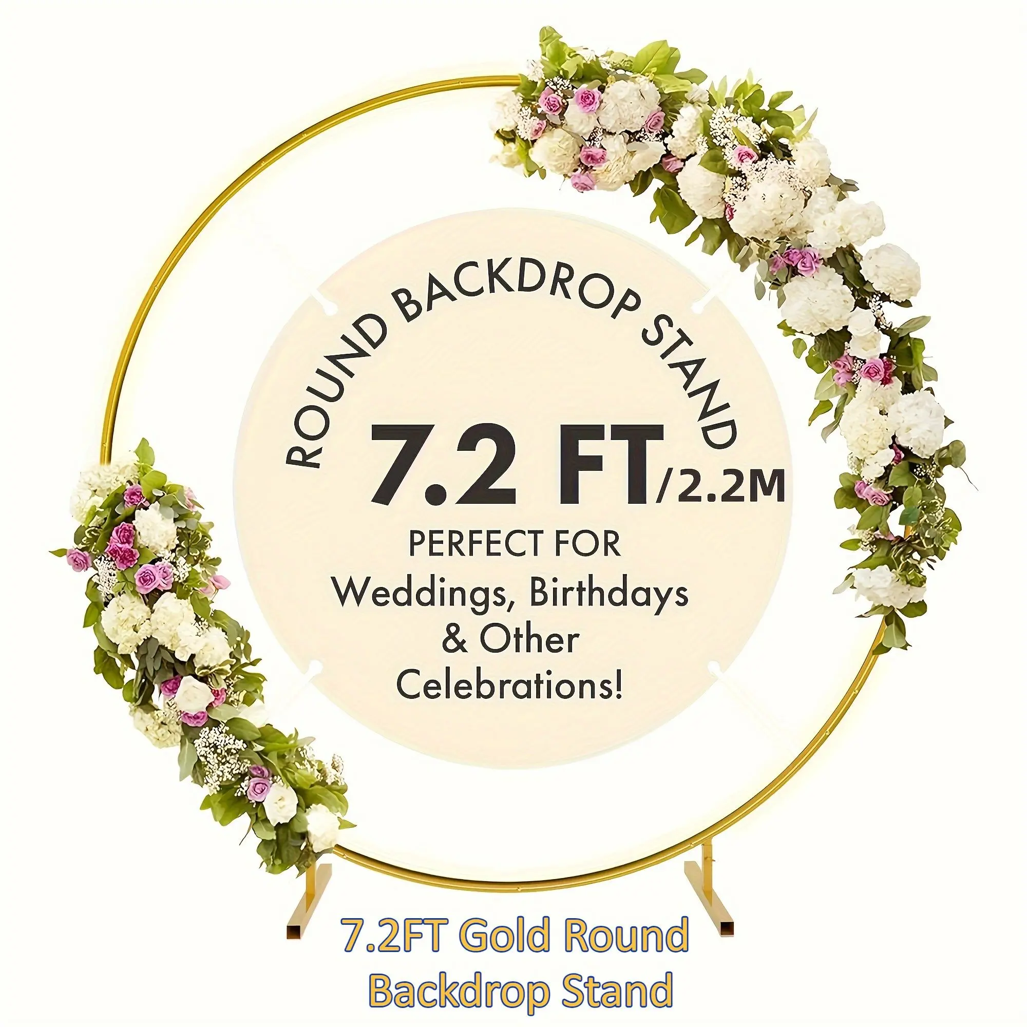 7.2ft Round Backdrop Stand, Stable Balloon Arch Stand, Metal Wedding Arch Backdrop Stand Circle Backdrop Stand Frame for Wedding, Birthday Party, Shower Decoration (Gold)