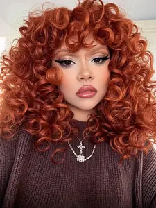 18 Inch Women Synthetic Heat Resistant Wig, Curly Hair with Bangs, Copper Fiber, Easy to Wear, Beginner Friendly, All Seasons, Synthetic Curly Wigs