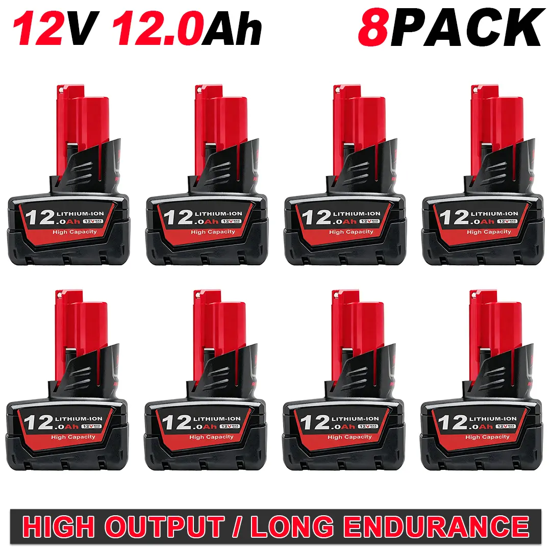 4-pack replacement battery compatible with Milwaukee M12 48-11-2460, 12.0Ah 12000mAh high capacity, suitable for M12 power tools
