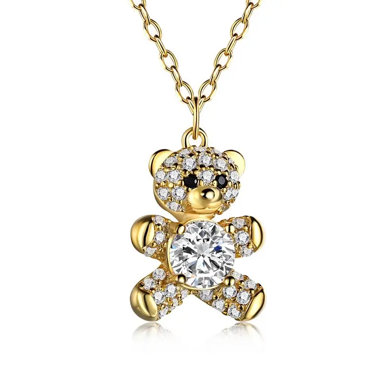 18k Bear Pendant Necklace - Sterling Silver 925 with Clear Stone, Gold Accents, and Chain