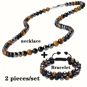 2 Pieces/Set, Exquisite Matte Black Imitation Natural Stone Necklace & Mens Fashionable Luxury Double-Layer Woven Tiger Eye Stone Bead Bracelet - Genuine Tiger Eye, Black Onyx, And Hematite, Unisex Accessory Perfect For Gift Giving Or Personal Style