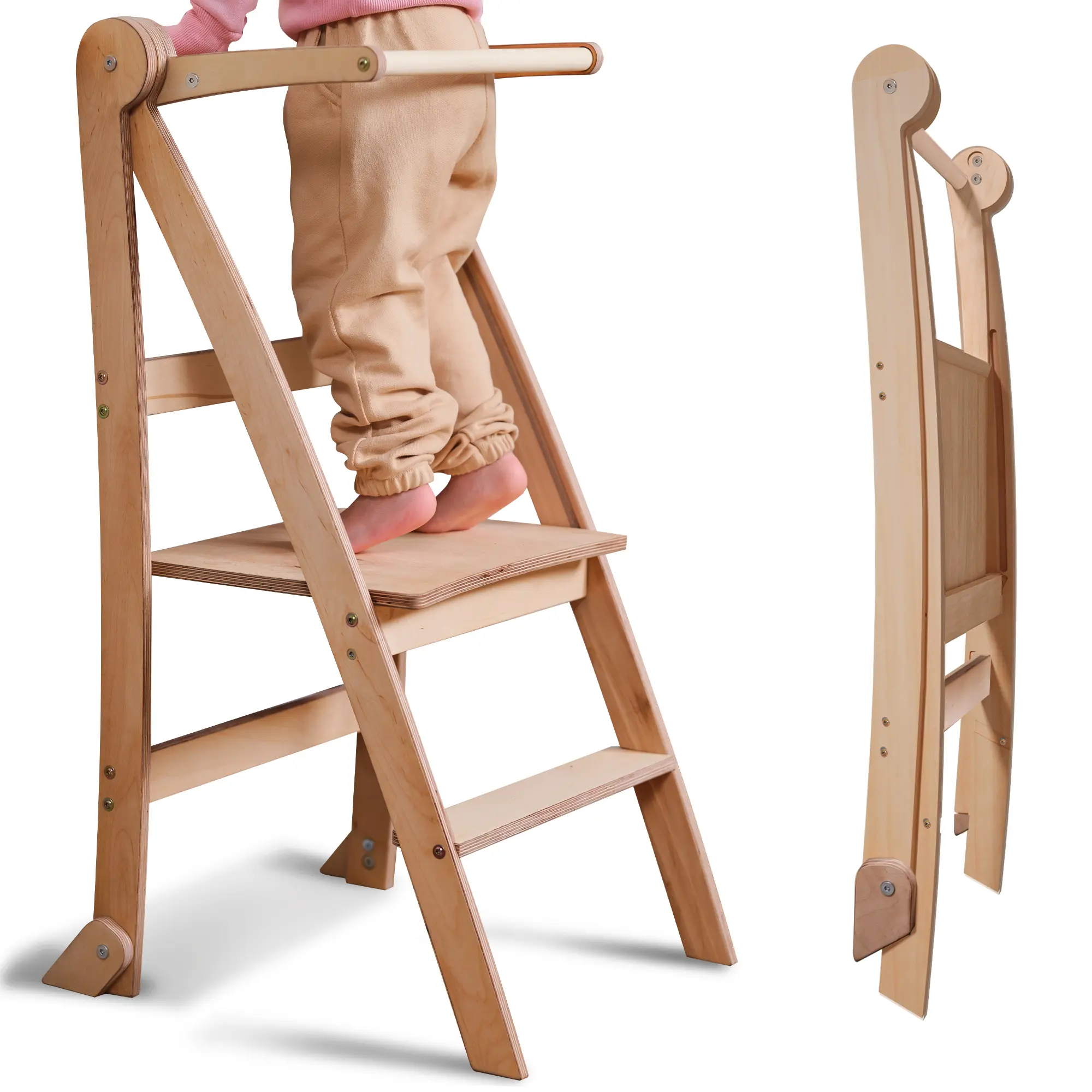 Montessori Foldable Learning Tower for Toddlers - Safe, Space-Saving Kids Step Stool with Anti-Tip Protection (Beige)