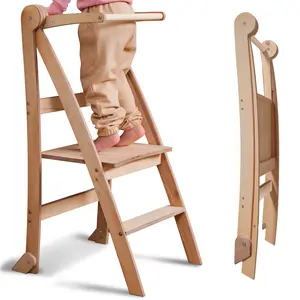 Wooden Montessori Learning Tower Space-Saving, Foldable Learning Tower, Stool for Children, Foldable Kids' Step Stool, Learning Tower with Anti-Tip Protection BEIGE
