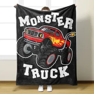 1pc Offroad Truck Cartoon Print Blanket, Ultra Soft Flannel Wool Blanket, Cozy Polyester Knit, Perfect for Camping, Office Naps, Dorms, Gifts
