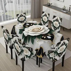 5/7-piece 2D Flat Printing Black and White Gold White Rose Diamond Printing Pattern Tablecloth and Chair Cover Set, for dining table and chair decoration, perfect for home, holiday gatherings, restaurants, and parties.