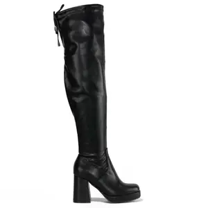Dover-1 Women's Black Thigh High Boots with Chunky Heel and Platform Design