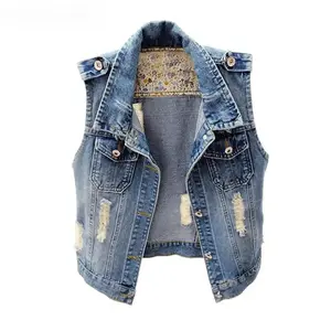 S-6XL Spring Summer Vintage Denim Vest Jacket Women Short Outerwear Slim Sleeveless Hole Cowboy Waistcoats Female Casual Tops Fitted Womenswear