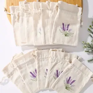 12pcs Lavender Floral Drawstring Bags, & Flower Pouches, Canvas Fabric Gift Bags for Jewelry, Crafts, Party Favors