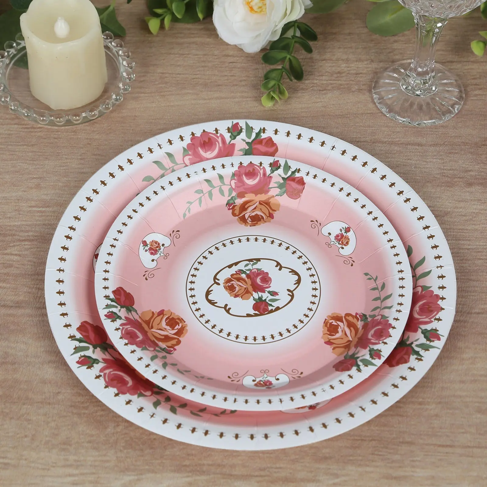 Bulk Pack 25 Disposable 7" Round Dusty Rose Paper Plates with Vintage Rose Print - Wedding Appetizer Salad Plates (Home & Festive Party Supplies)