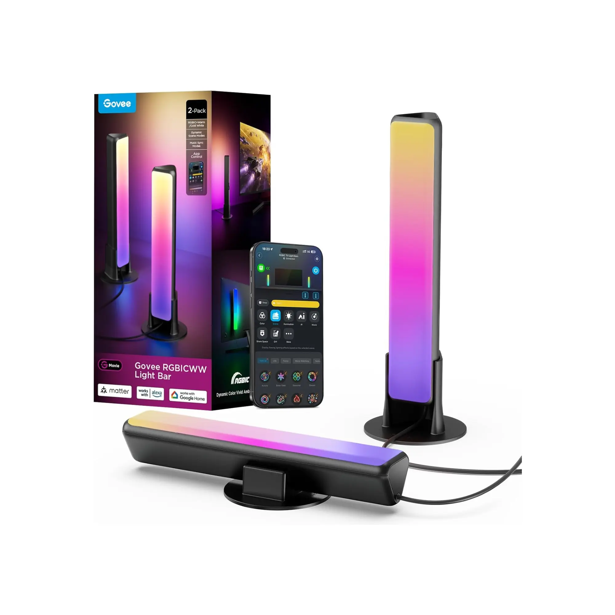 Govee Smart RGBICWW Light Bar, Black LED TV Lights with Scene & Music Modes, App Control, Compatible with SmartThings, Matter, Alexa for Living Room, Gaming, PC